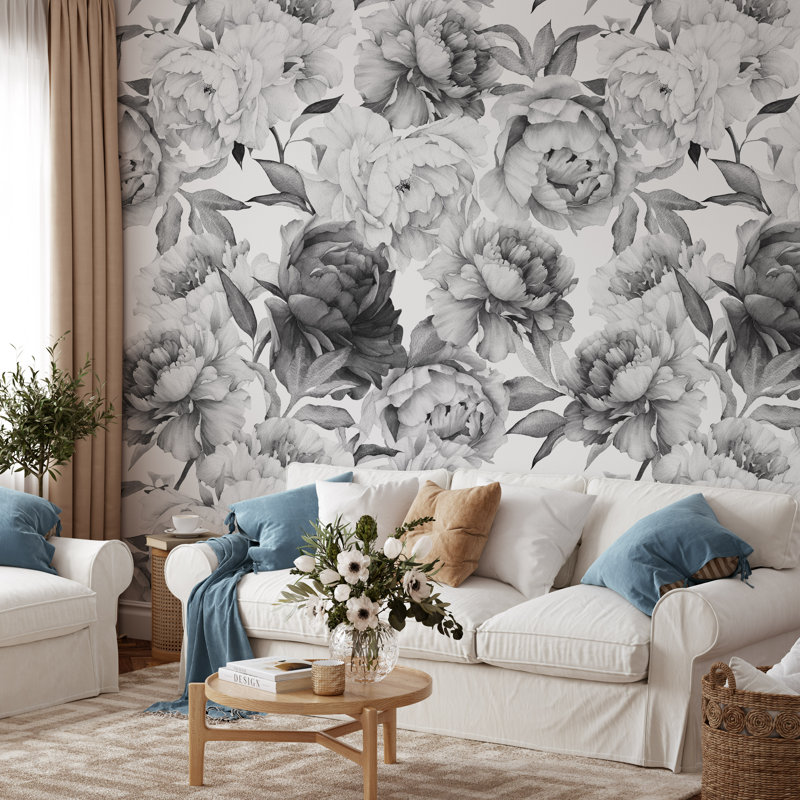 Red Barrel Studio® Black and White Peony Removable Wallpaper Wayfair
